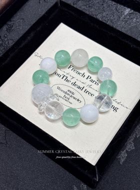 天然白幽灵白水晶跑环薄荷曼波绿萤石手串约17mm大颗粒手链礼物