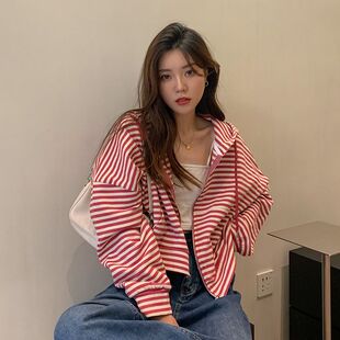 条纹连帽卫衣女秋冬韩版简约宽松休闲短款外套慵懒风学生拉链上衣