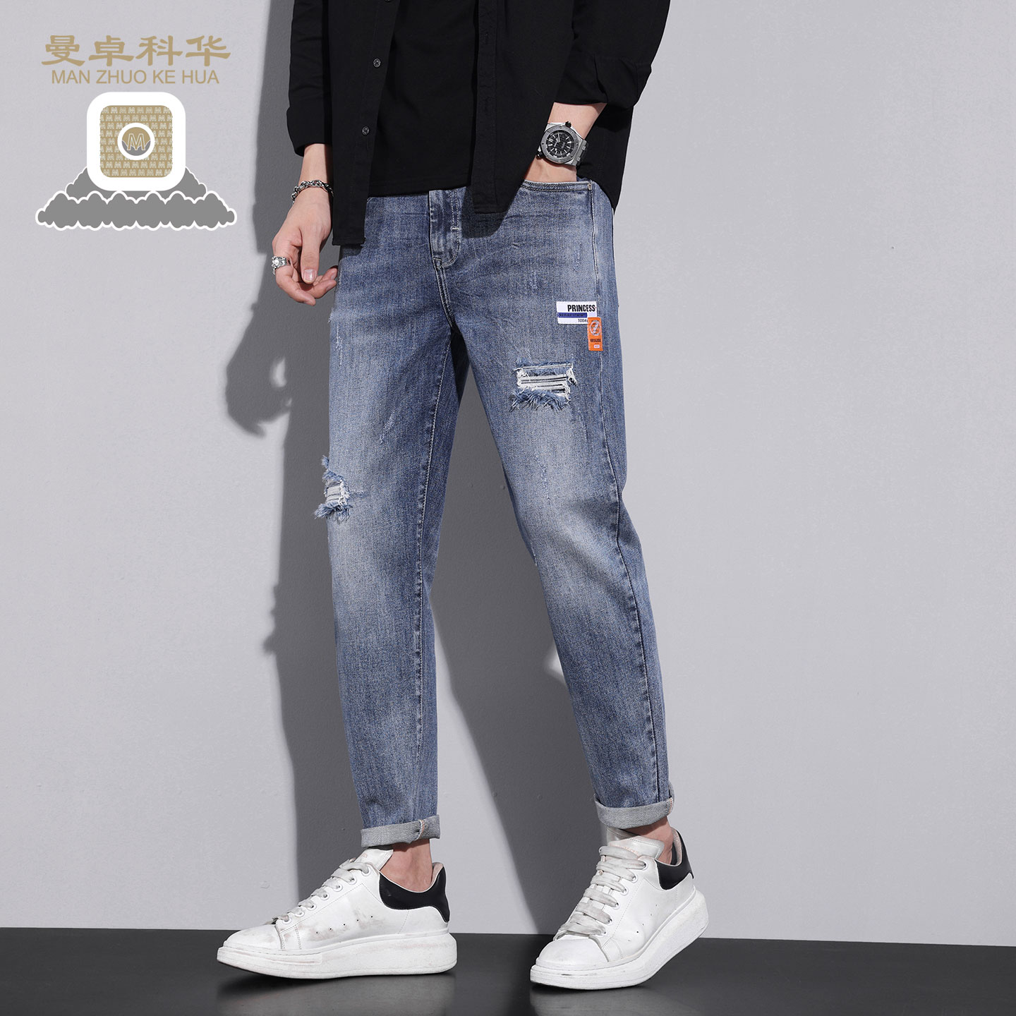 曼卓科华九分男装裤子欧式铅笔休闲破洞潮流百搭男士四季款牛仔裤