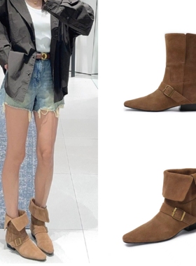 短靴女2025新款秋冬复古真皮中筒靴西部牛仔靴子皮带扣短靴两穿靴