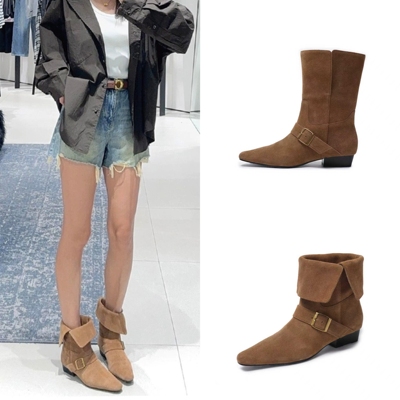 短靴女2025新款秋冬复古真皮中筒靴西部牛仔靴子皮带扣短靴两穿靴