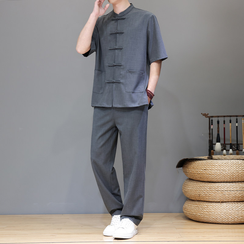 夏季新中式男士唐装天丝亚麻中山装复古套装A118-TZ2501P165控228,男装休闲套装,电商A118