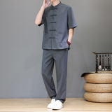 夏季新中式男士唐装天丝亚麻中山装复古套装A118-TZ2501P165控228，男装休闲套装，电商A118