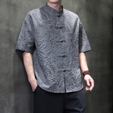 夏季风男装新中式唐装短袖大码复古豹纹衬衫A118-C033P70控99，男装衬衫，电商A118