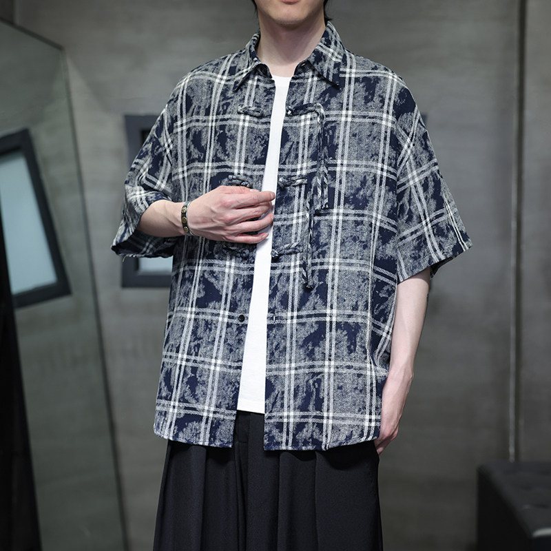 夏季风男装短袖衬衫新中式扎染大码复古格子衬衣A118-C15P65,男装衬衫,电商A118