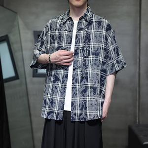 夏季风男装短袖衬衫新中式扎染大码复古格子衬衣A118-C15P65图片