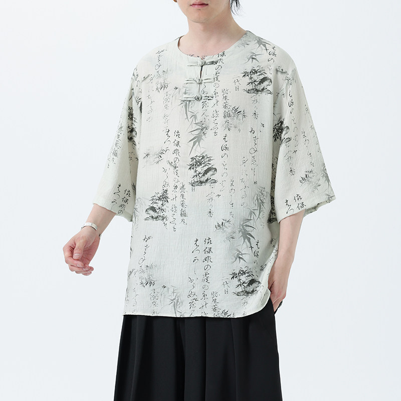 夏季风冰丝短袖新中式汉服印花半袖T恤男A118-T501P60控78,男装T恤,电商A118