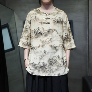 夏季风男装冰丝短袖T恤新中式印花改良汉服A118-T501P60控78图片