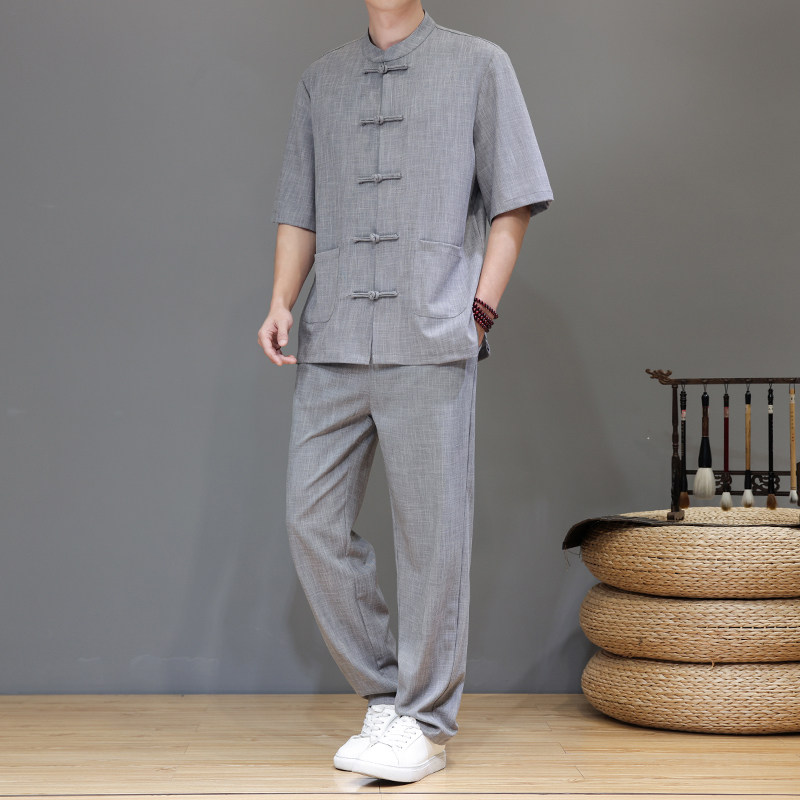 夏季风亚麻天丝高端唐装短袖套装茶服男A118-TZ2501P165控228,男装休闲套装,电商A118