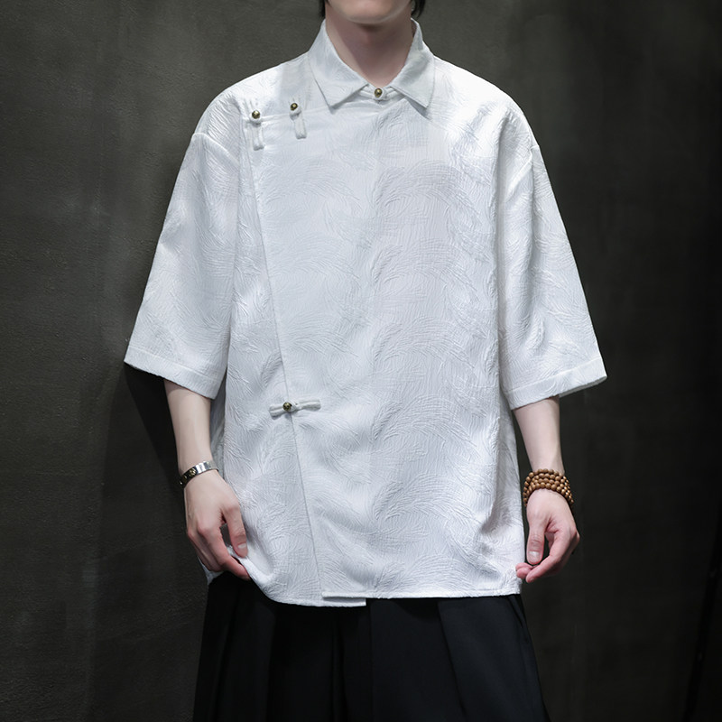 2025夏季风唐装中式短袖衬衫复古提花铜扣衬衣男A118-C08P65,男装衬衫,电商A118
