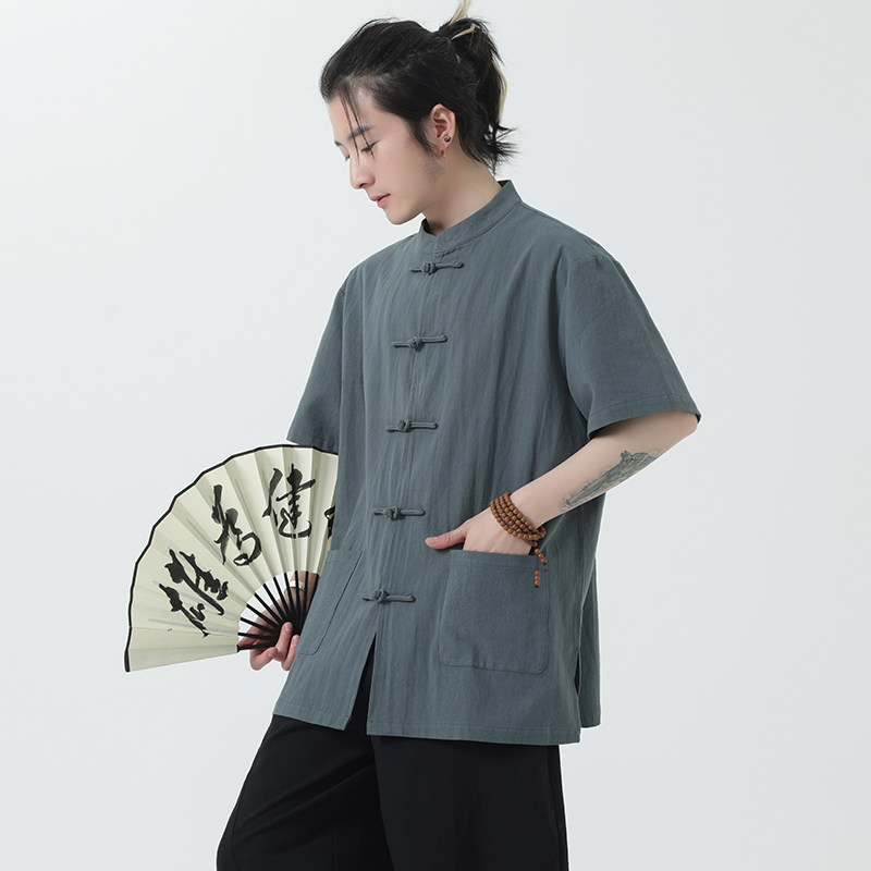 夏季风棉麻衬衫唐装短袖汉服亚麻复古衬衣男A118-C815P40控68，男装衬衫，电商A118