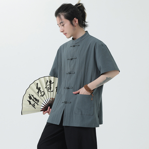 夏季风棉麻衬衫唐装短袖汉服亚麻复古衬衣男A118-C815P40控68,男装衬衫,电商A118