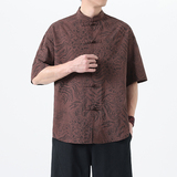 2025夏季风中式唐装短袖衬衫复古豹纹T恤男A118-C033P70控99，男装T恤，电商A118