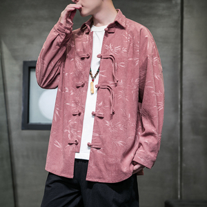 秋冬风衬衫灯芯绒压印新中式唐装汉服复古外套男A118-C828P70图片