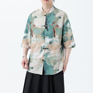 夏季风男装新中式短袖冰丝印花半袖衬衫汉服A118-C22P65控88图片