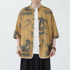 夏季风冰丝唐装盘扣中式印花半袖衬衣汉服男A118-C05P65控88图片