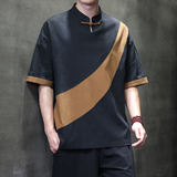 夏季风男装棉麻拼接复古唐装汉服大码短袖A118-T006P65控99，男装T恤，电商A118
