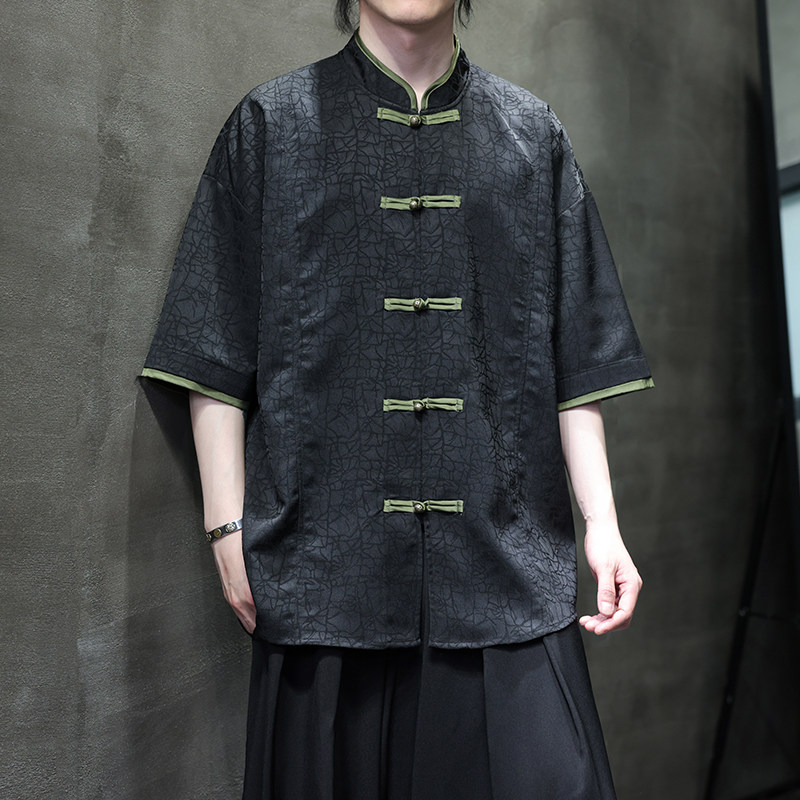 夏季风男装唐装短袖衬衫中式复古冰丝提花衬衣A118-C27P65,男装T恤,电商A118