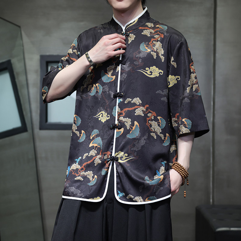 2024风男装夏季冰丝印花短袖唐装宽松衬衣T恤A118-C01P65控88,男装T恤,电商A118