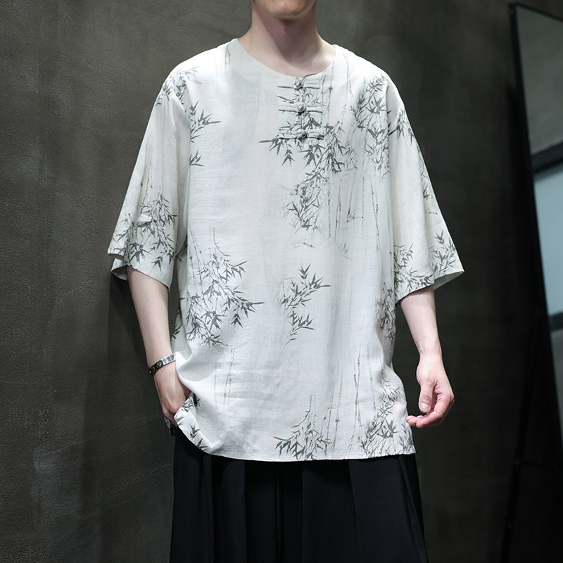 夏季风男装唐装棉麻亚麻大码短袖中式复古印花T恤A118-C23P65,男装T恤,电商A118