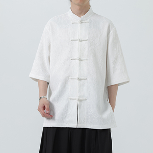夏季风男装盘扣新中式刺绣唐装大码短袖衬衫A118-C09P70控98图片