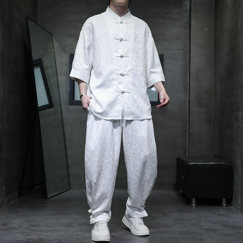 夏季风男装刺绣短袖套装新中式盘扣唐装A118-TZ030P110控158,男装休闲套装,电商A118