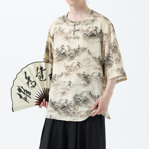 夏季风冰丝短袖新中式汉服印花半袖T恤男A118-T501P60控78图片