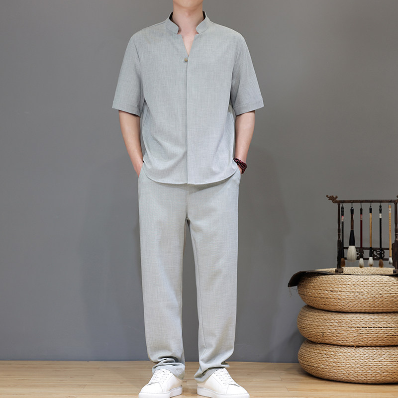 夏季风高端天丝亚麻短袖轻奢唐装套装男A118-TZ2503P165控228图片