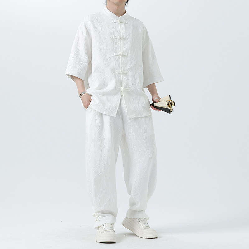 2025夏季风套装唐装宽松短袖中式衬衣男A118-TZ030P110控158图片