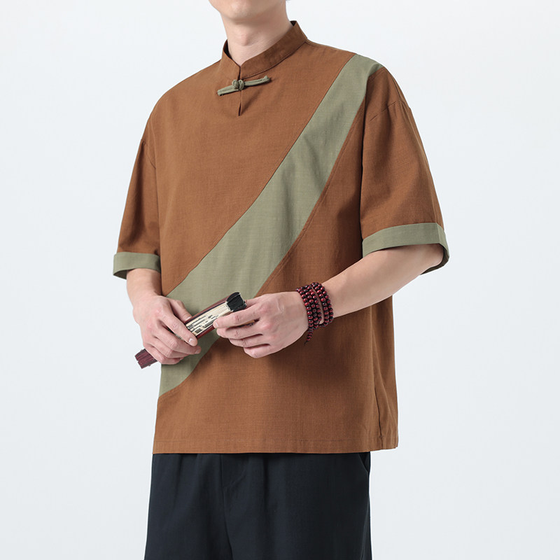 夏季风棉麻短袖唐装亚麻拼接大码复古T恤男A118-T006P65控99,男装T恤,电商A118