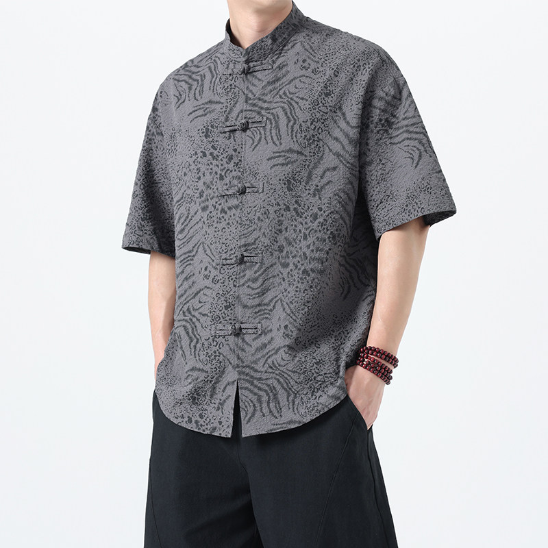 2025夏季风短袖衬衫唐装汉服印花大码T恤男A118-C033P70控99,男装T恤,电商A118