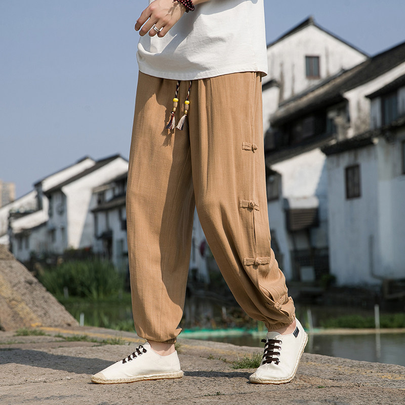 春夏风亚麻休闲裤棉麻新中式盘扣宽松束脚裤男QT3028-K300P75,男装休闲裤,电商A118