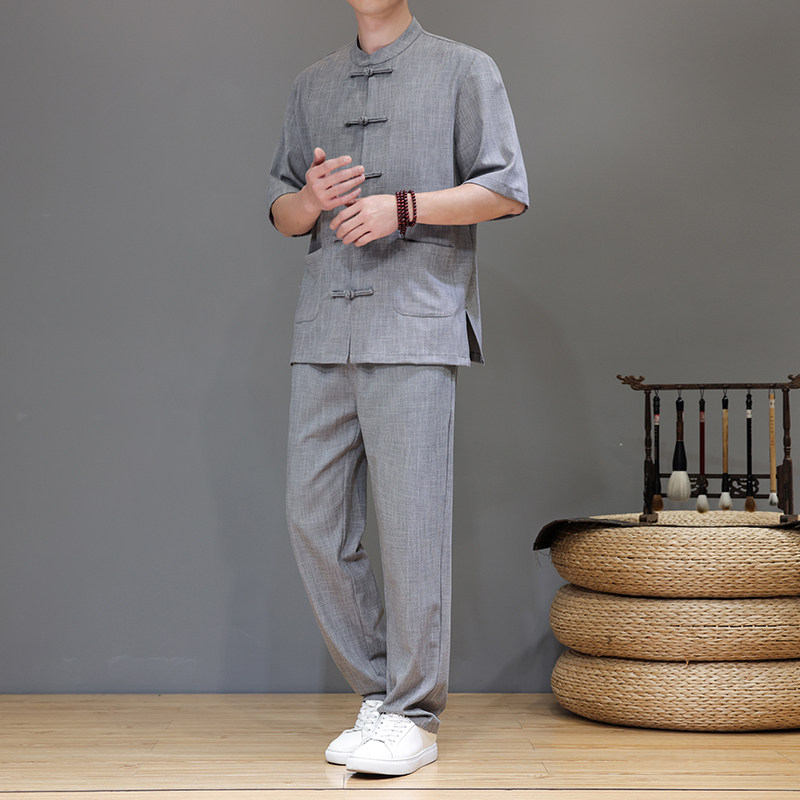 夏季风亚麻天丝高端唐装短袖套装茶服男A118-TZ2501P165控228,男装休闲套装,电商A118
