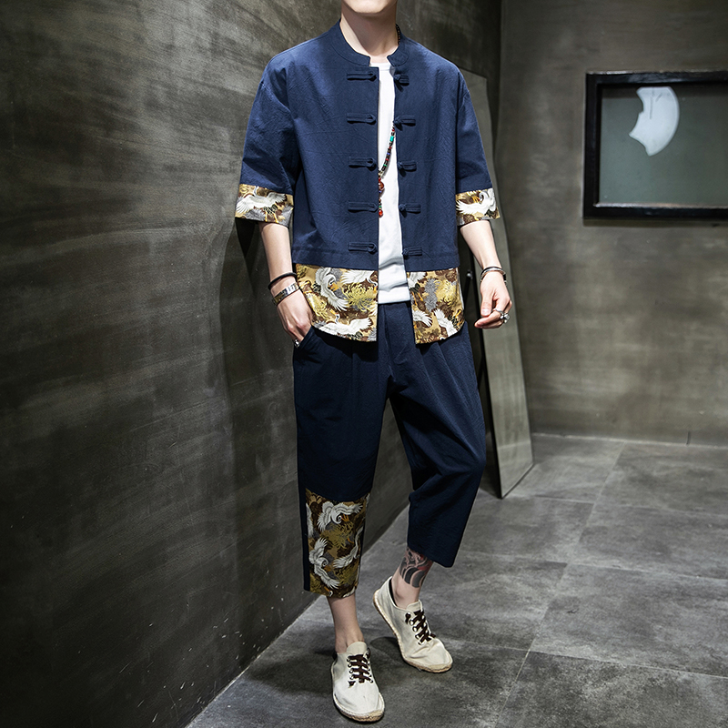 夏季风男装青年唐装盘扣棉麻套装印花两件套A118-TZ206P100，男装休闲套装，电商A118
