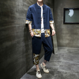 夏季风男装青年唐装盘扣棉麻套装印花两件套A118-TZ206P100，男装休闲套装，电商A118