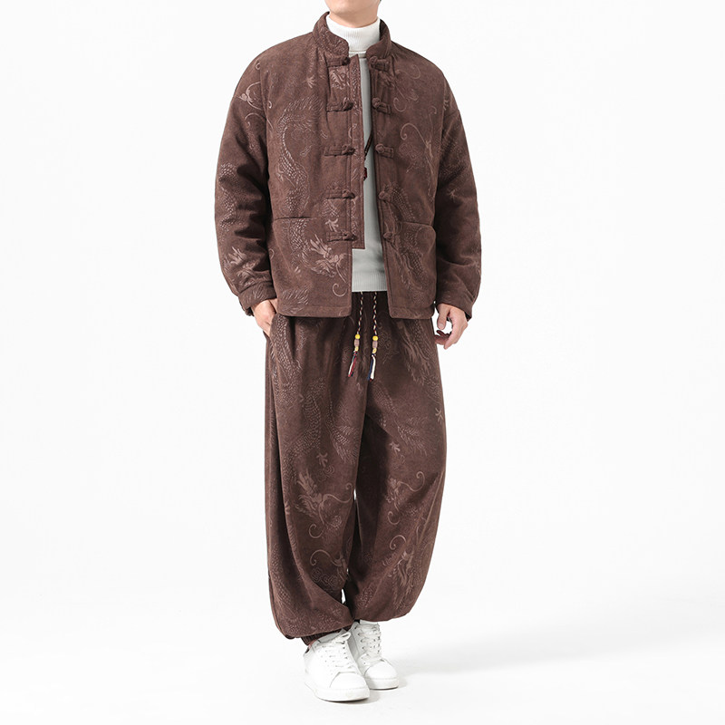冬季风男装唐装灯芯绒龙纹棉衣套装A118-TZ7703P200抖音控328,男装棉衣,电商A118