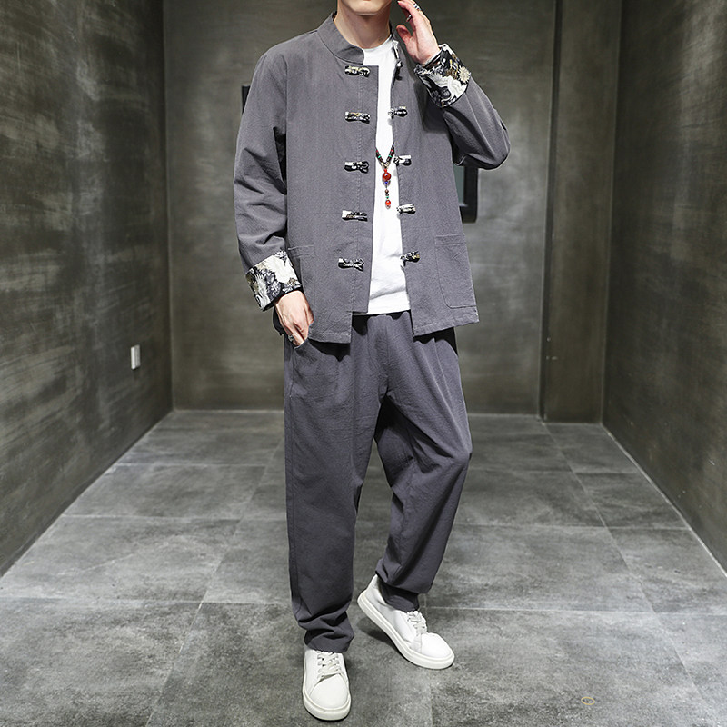 风春季印花衬衫套装中式棉麻唐装复古两件套男A118-TZ2023P95,男装衬衫,电商A118
