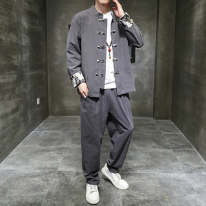 风春季印花衬衫套装中式棉麻唐装复古两件套男A118-TZ2023P95图片