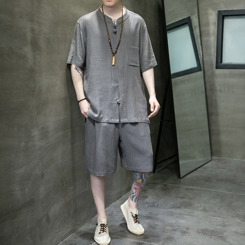 夏季风棉麻套装亚麻大码唐装短袖T恤男A118-TZ201-P110控168,男装休闲套装,电商A118