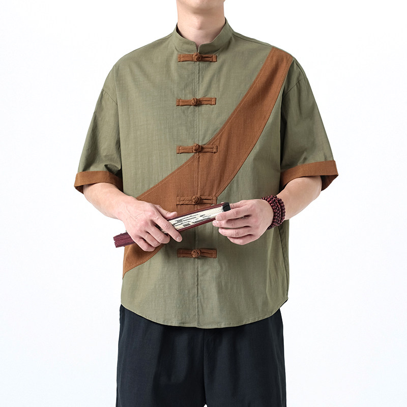 夏季风棉麻短袖唐装拼接衬衫中式复古大码男A118-C032P70控99,男装T恤,电商A118