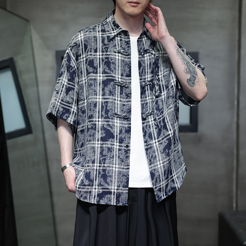 夏季风棉麻短袖衬衫中式大码复古格子衬衣男A118-C15P65控98,男装衬衫,电商A118