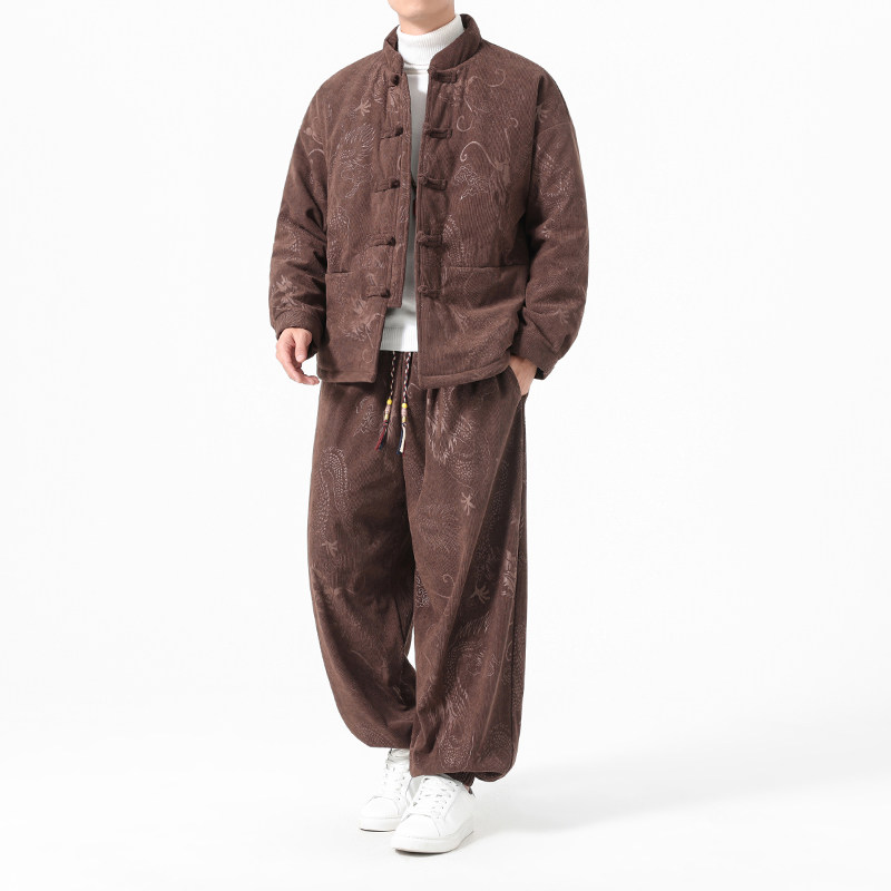 冬季风男装唐装灯芯绒龙纹棉衣套装A118-TZ7703P200抖音控328,男装棉衣,电商A118