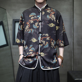 2024风男装夏季冰丝印花短袖唐装宽松衬衣T恤A118-C01P65控88，男装T恤，电商A118