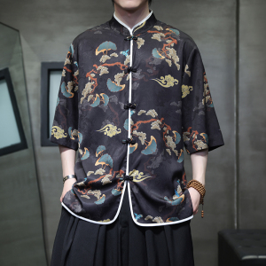 2024风男装夏季冰丝印花短袖唐装宽松衬衣T恤A118-C01P65控88,男装T恤,电商A118