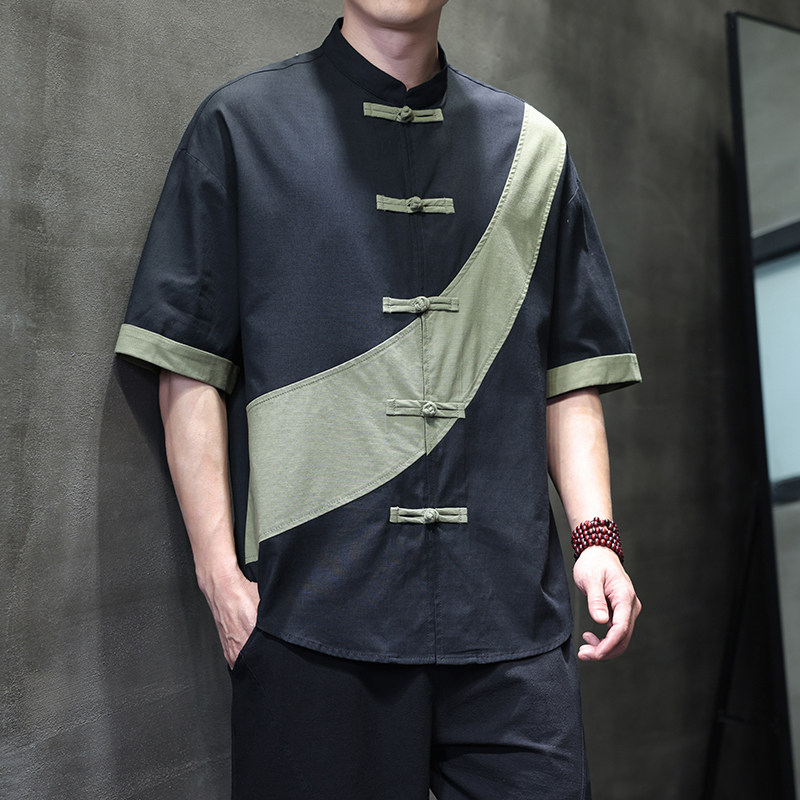夏季风短袖棉麻亚麻唐装汉服大码拼接衬衫男118-C032P70控99，男装衬衫，电商A118