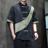 夏季风短袖棉麻亚麻唐装汉服大码拼接衬衫男118-C032P70控99，男装衬衫，电商A118