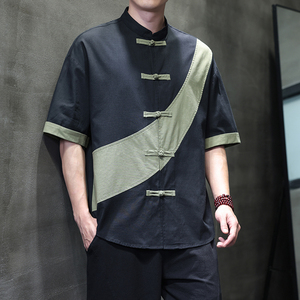 夏季风短袖棉麻亚麻唐装汉服大码拼接衬衫男118-C032P70控99,衬衫,电商A118