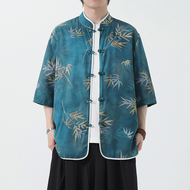 夏季风冰丝唐装半袖印花盘扣中式短袖衬衣男A118-C02P65控88图片