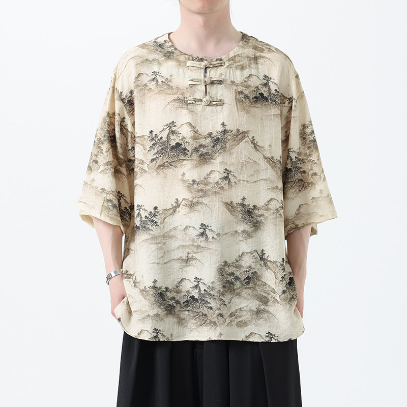 夏季风冰丝短袖新中式汉服印花半袖T恤男A118-T501P60控78，男装T恤，电商A118