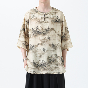 夏季风冰丝短袖新中式汉服印花半袖T恤男A118-T501P60控78,男装T恤,电商A118